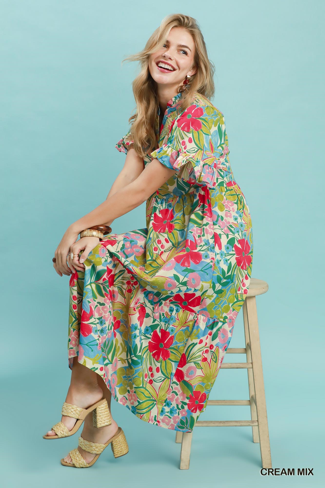 Tropical Floral Ruffle Sleeve Tiered Midi Dress, image 4