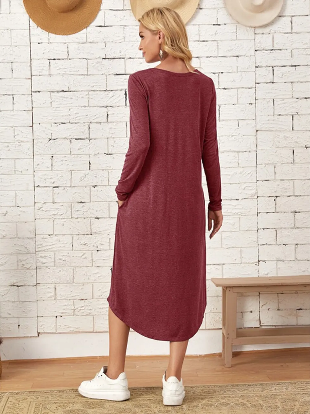 Pocketed Round Neck Long Sleeve Tee Dress, image 17