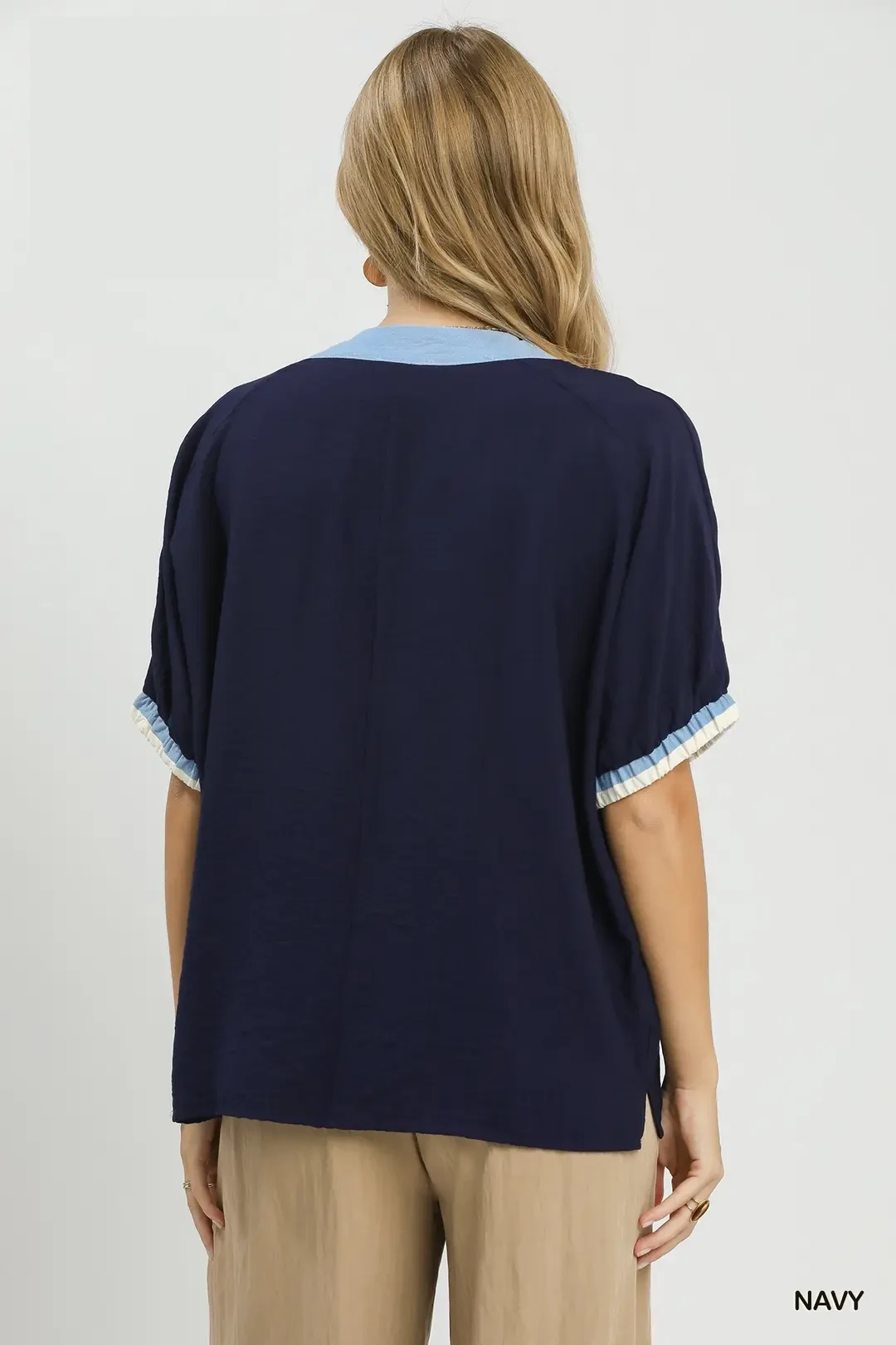 Embroidered Floral V-Neck Short Sleeve Blouse with Contrast Trim, image 4
