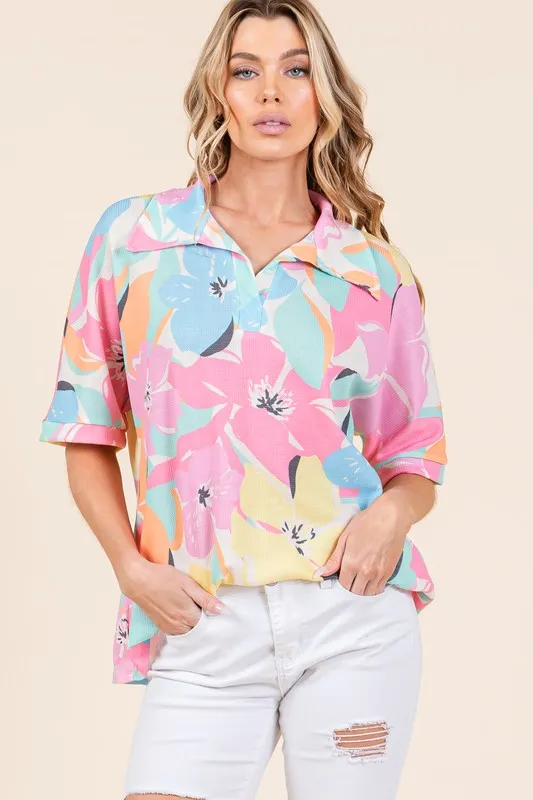 Floral Collared Neck Half Sleeve Top