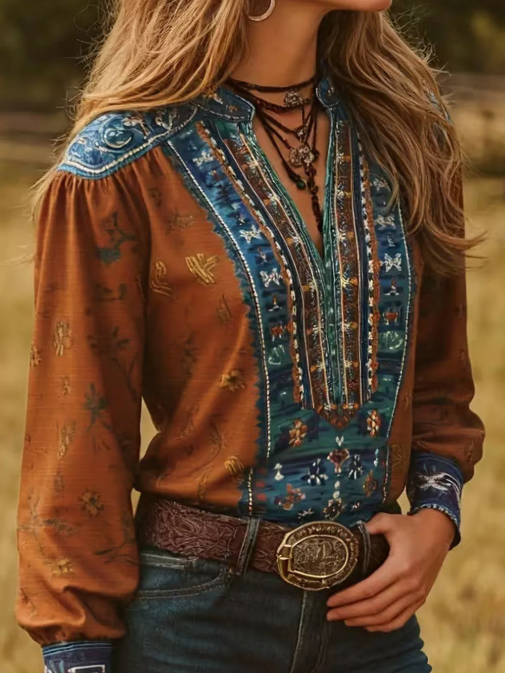 Printed Notched Long Sleeve Blouse, image 2