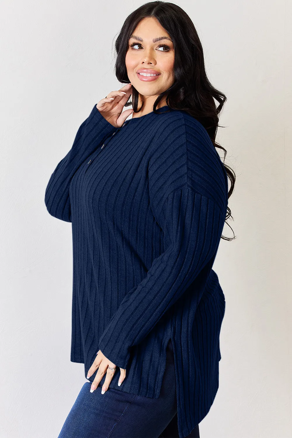 Full Size Ribbed Half Button Long Sleeve High-Low T-Shirt, image 30