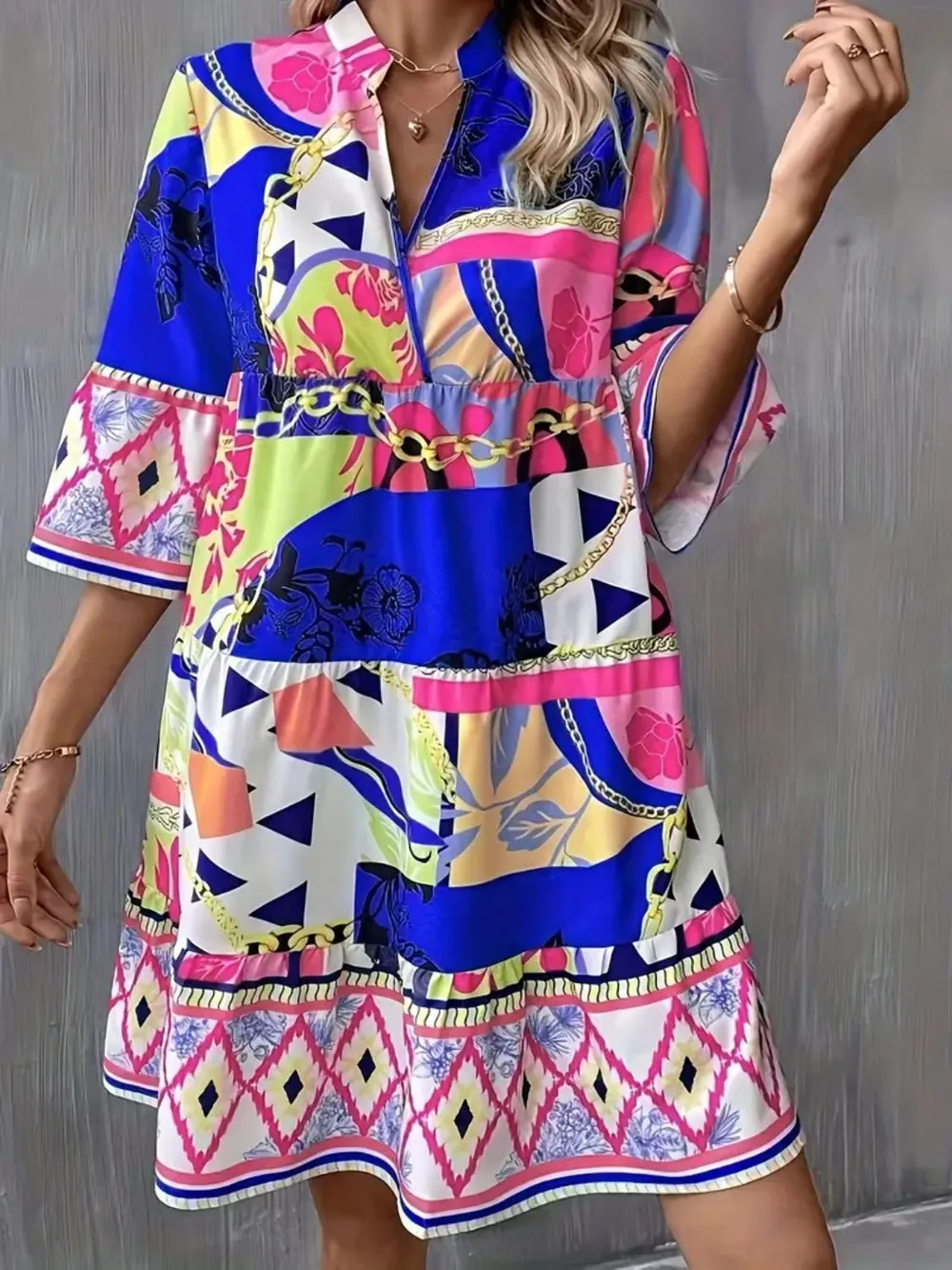 Printed Notched 3/4 Sleeve Tiered Dress, image 6