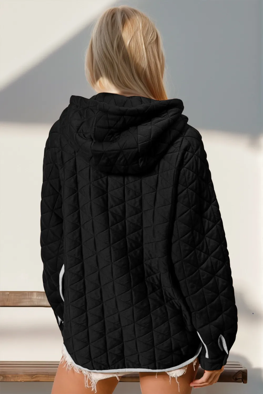 Contrast Trim Long Sleeve Half Snap Texture Hoodie with Pocket, image 2