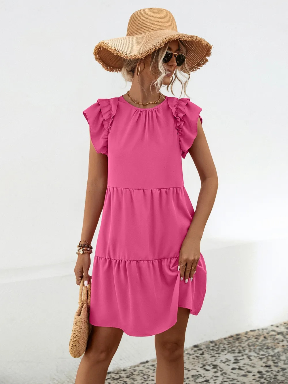 Ruffled Round Neck Cap Sleeve Mini Dress, image 10