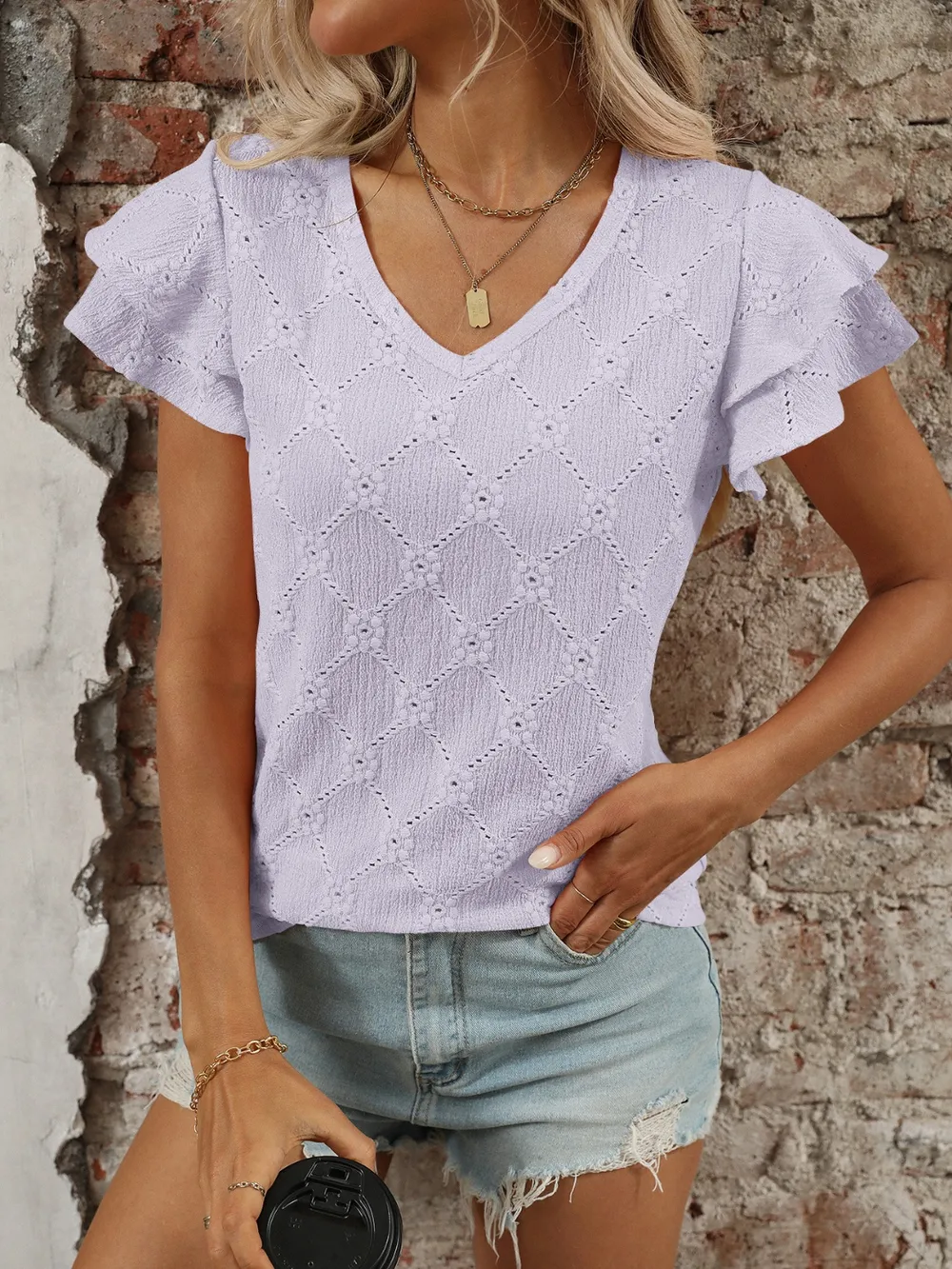 Eyelet V-Neck Ruffled Cap Sleeve Top, image 15