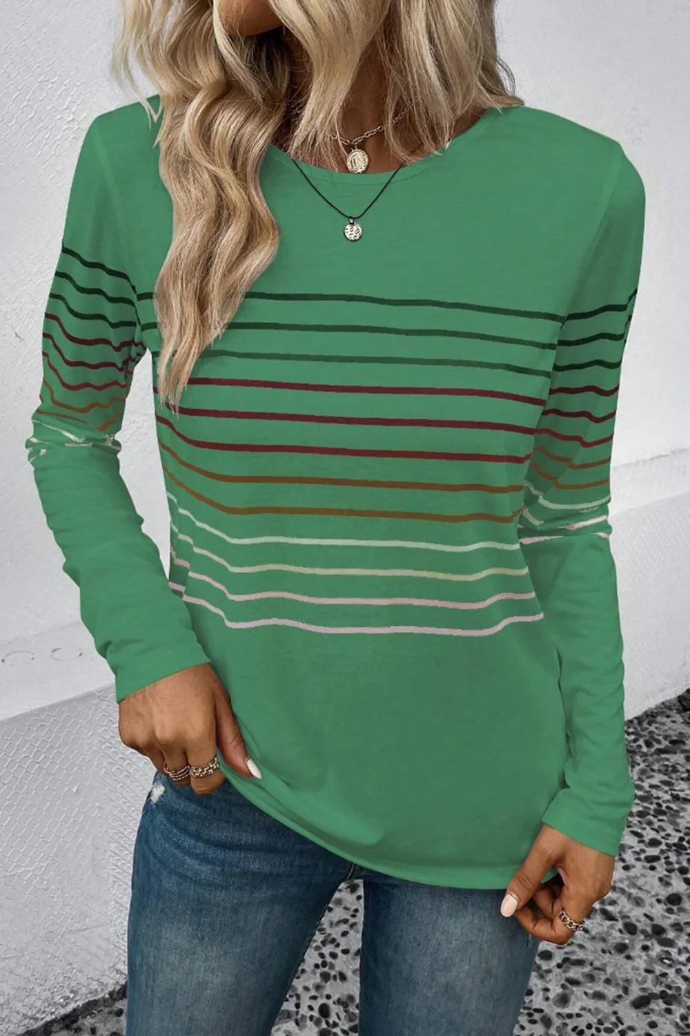 Striped Round Neck Long Sleeve T-Shirt, image 9