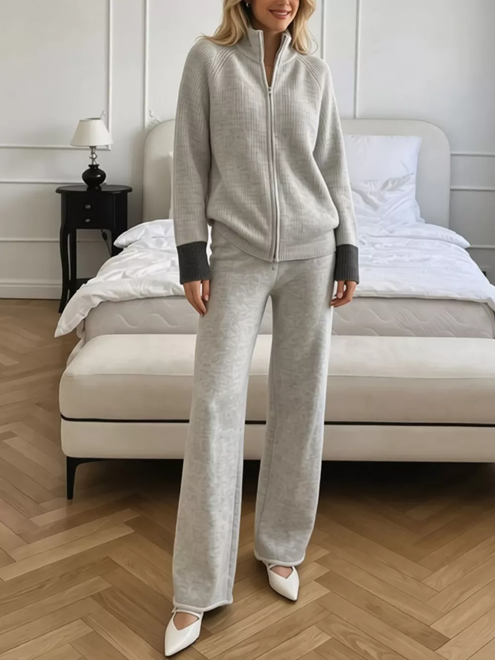Zip-Up Contrast Cuff Cardigan and Pants Sweater Set, image 5