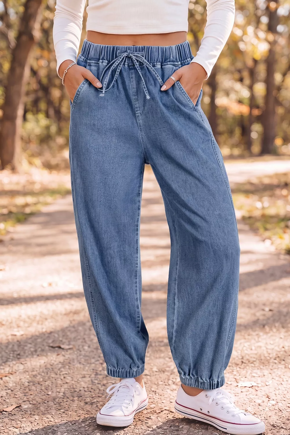 Elastic Waist Harem Ankle Length Jeans, image 3