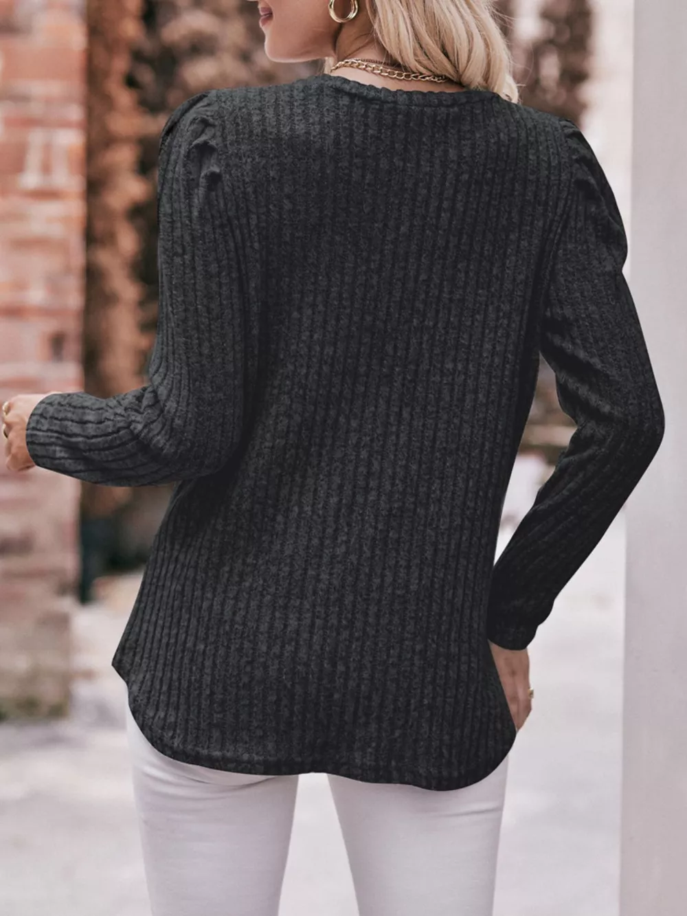 Ribbed Knit Puff Sleeve T-Shirt, image 12