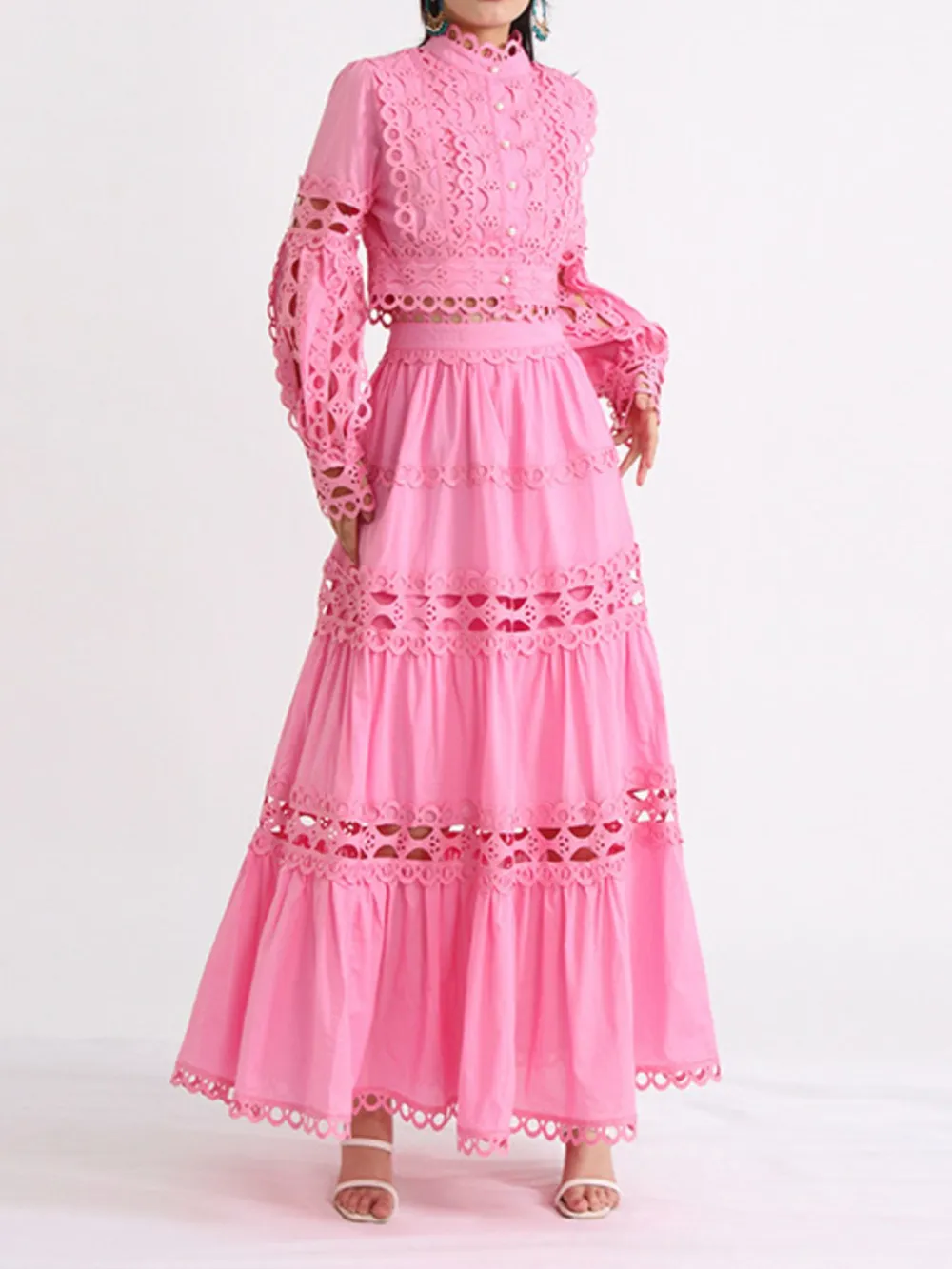 Lace Button Up Long Sleeve Top and Skirt Set, image 2
