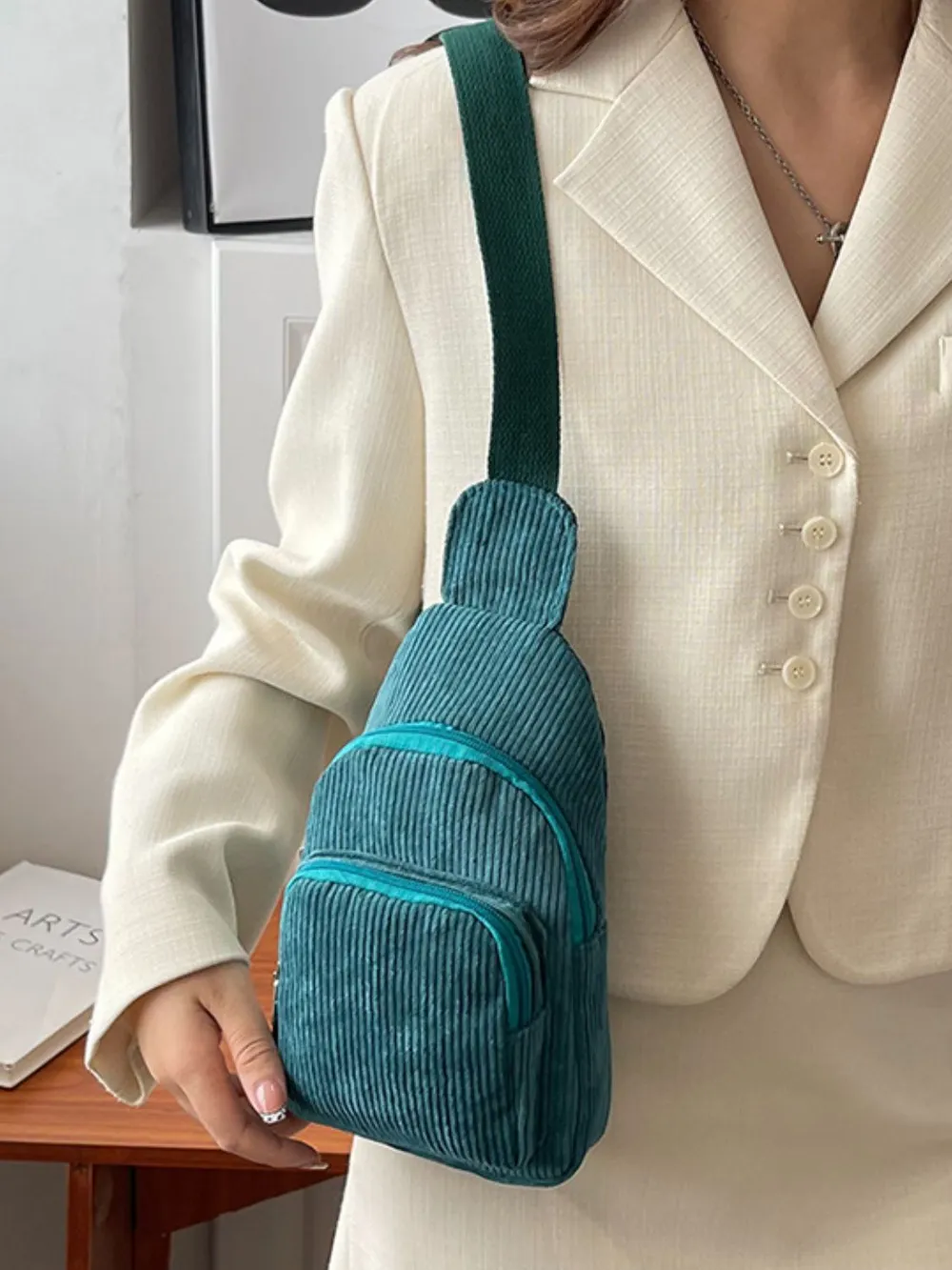 Corduroy Solid Color Crossbody Bag, image 19