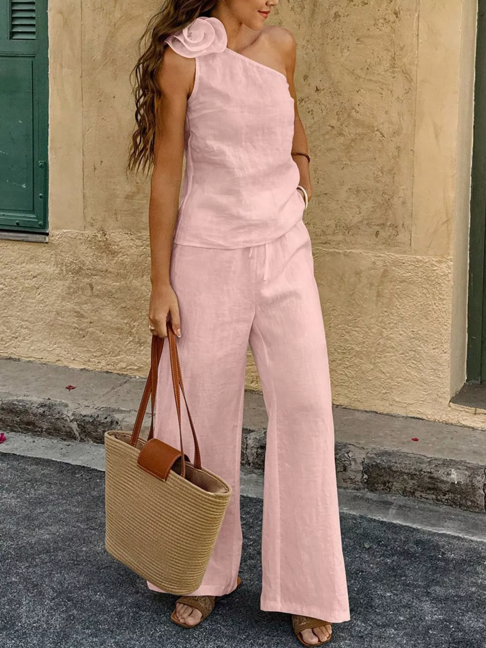 One-Shoulder Floral Embellished Top and Pants Set, image 19