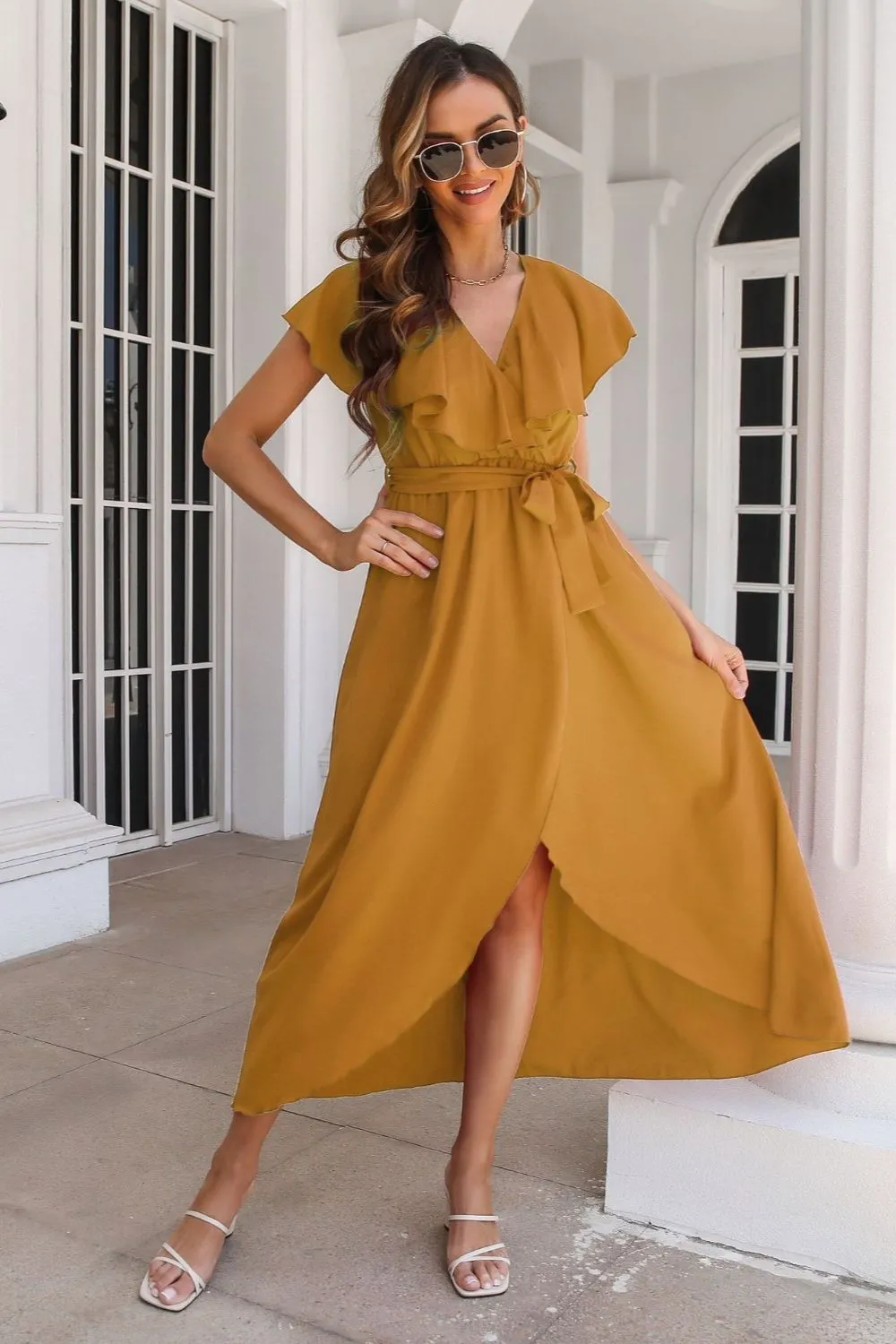 Tied Front Ruffled Short Sleeve Midi Dress, image 17