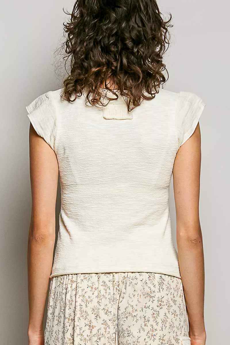 V-Neck Lightweight Textured Short Sleeve Knit Top with Lace Trim, image 14
