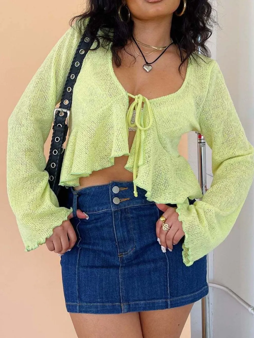 Ruffled Hem Tie-Front Cropped Cardigan, image 2