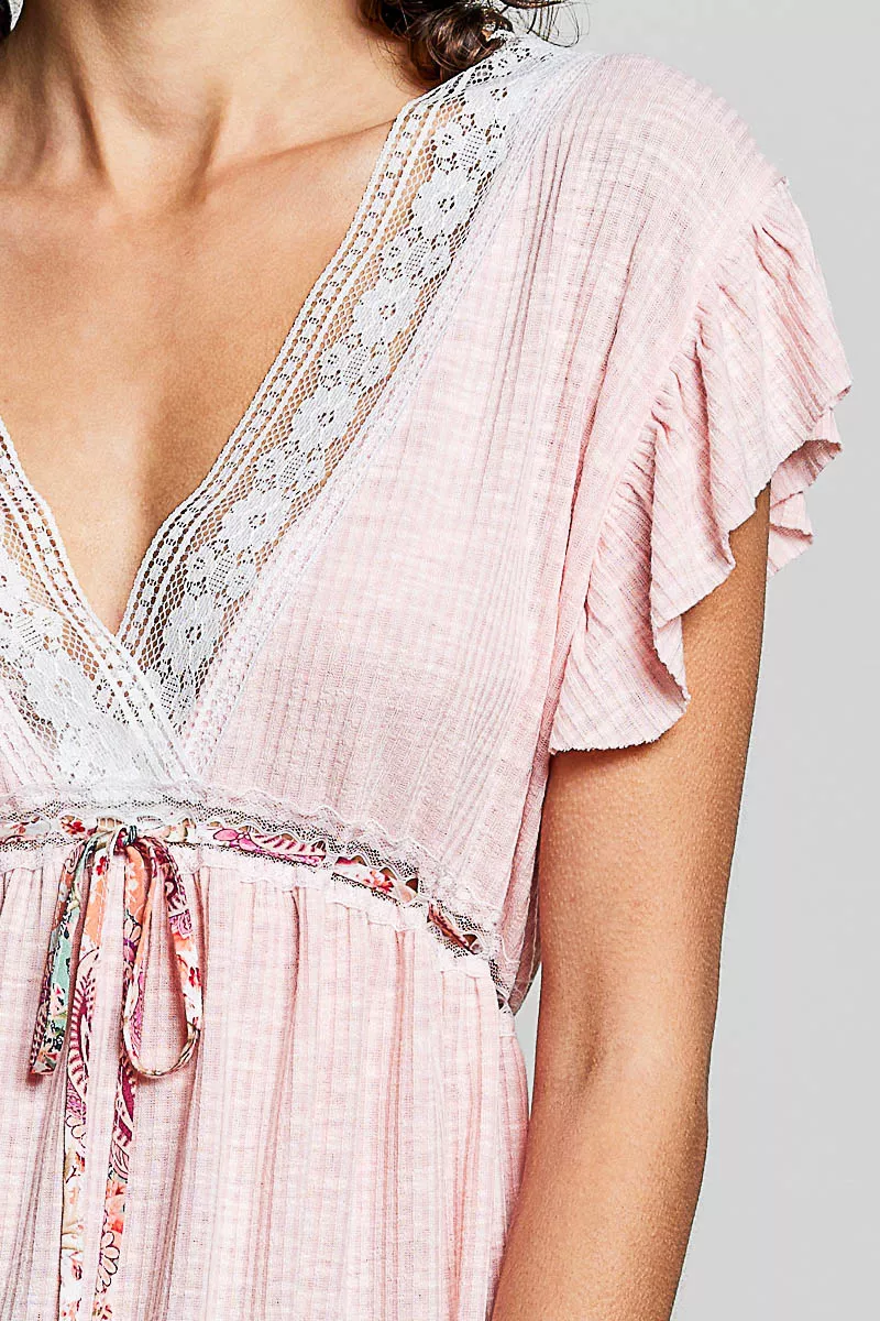 Tied Ruffled V-Neck Short Sleeve Blouse with Lace Detail, image 6