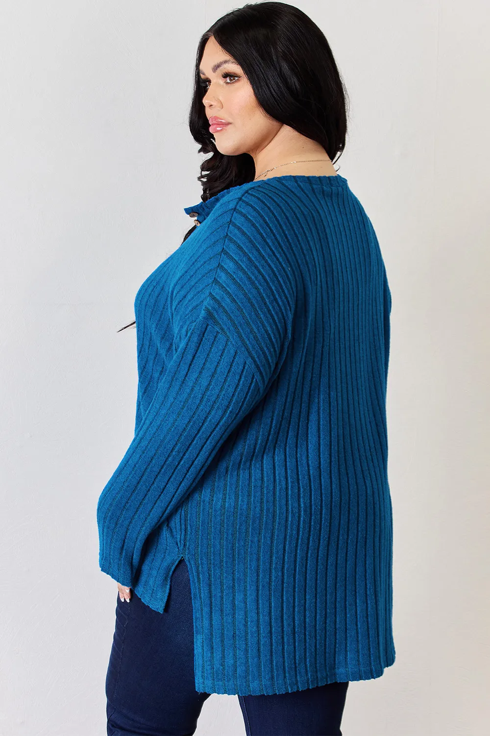 Full Size Ribbed Half Button Long Sleeve High-Low T-Shirt, image 31