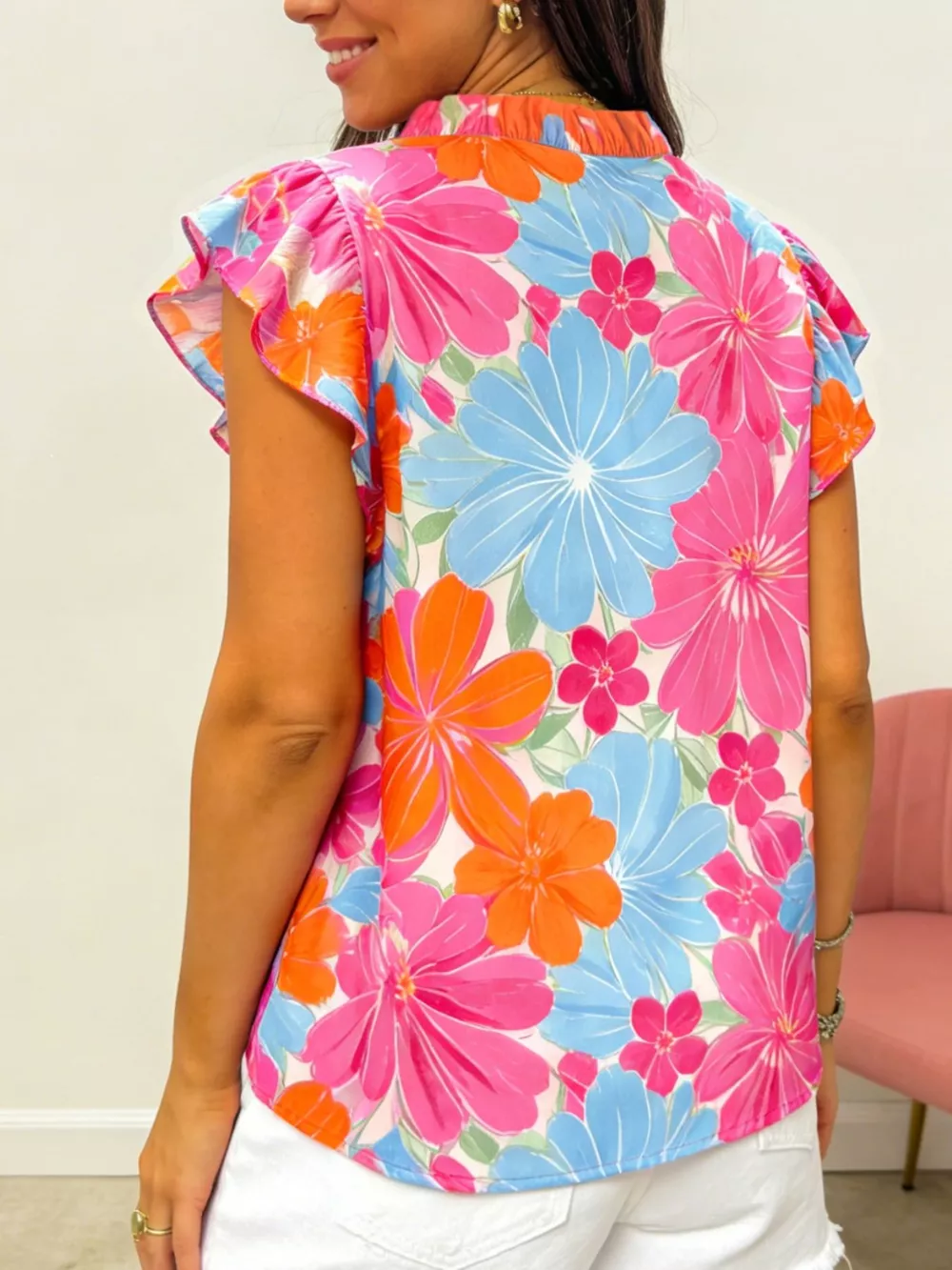 Flower Printed Tie V Neck Ruffle Trim Sleeveless Blouse, image 5