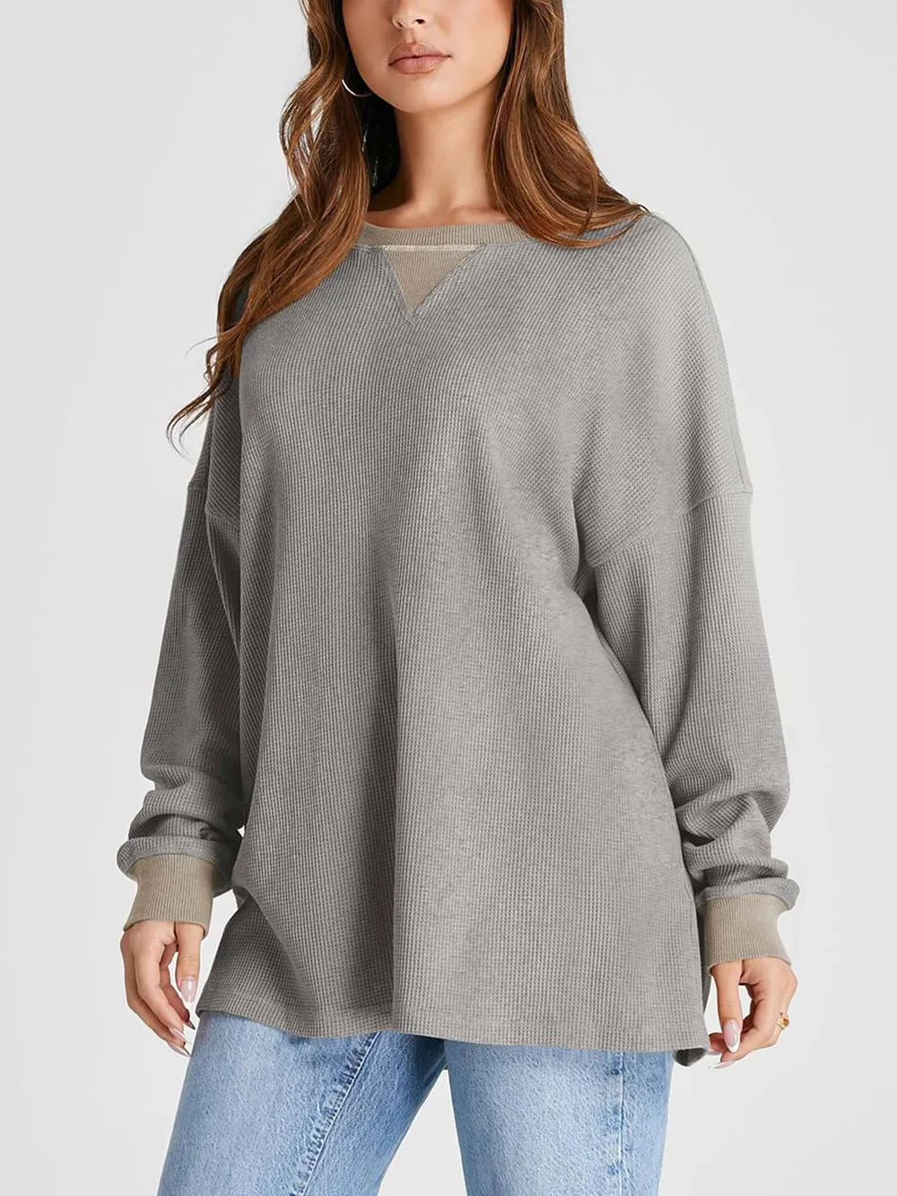 Waffle Knit Round Neck Long Sleeve T-Shirt, image 3
