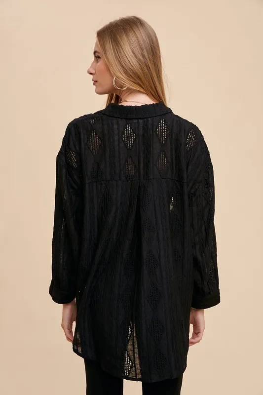 Openwork Button Down Drop Shoulder Shirt, image 2