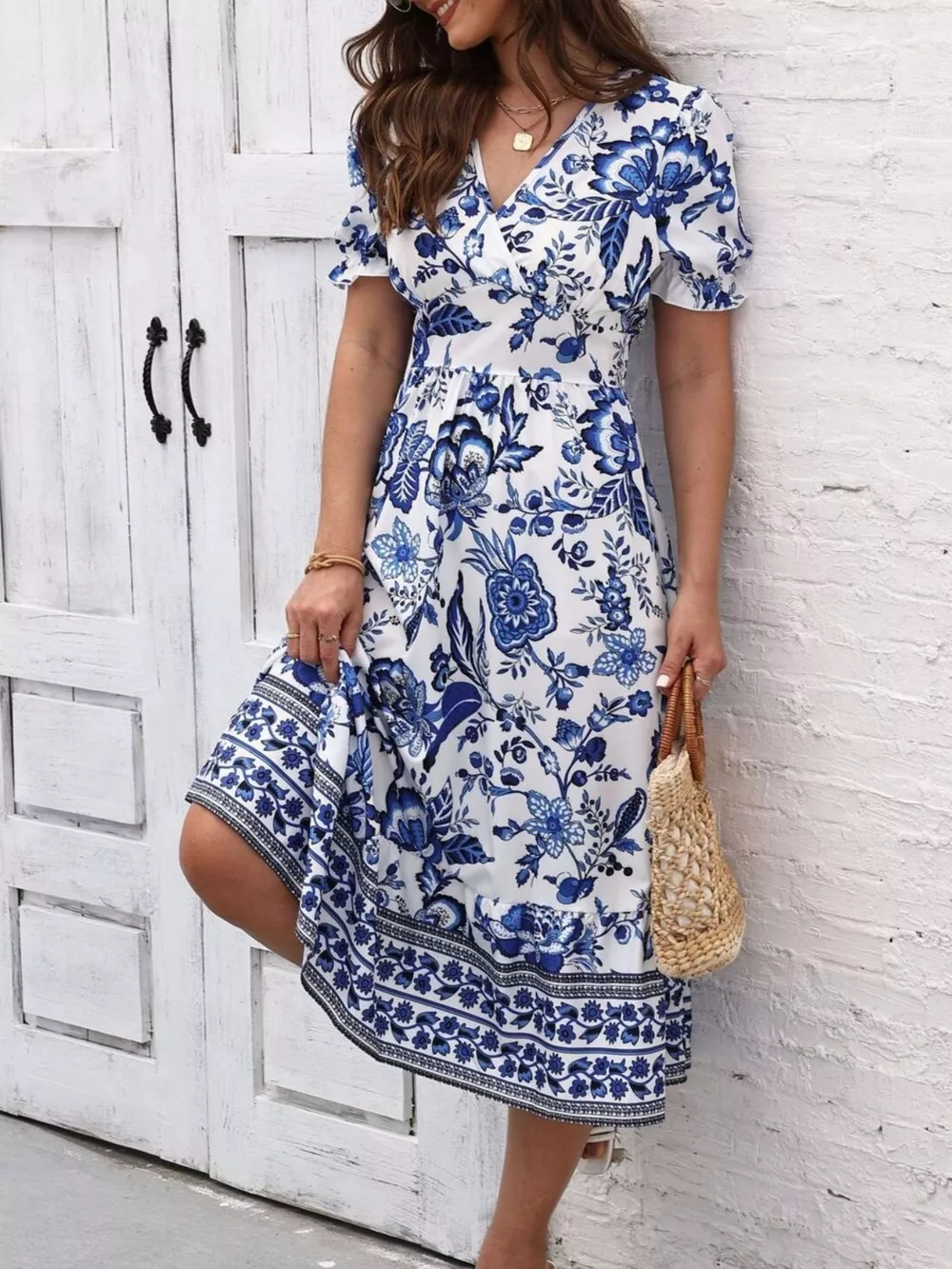 Floral Print Puff Sleeve Wrap Midi Dress, image 7