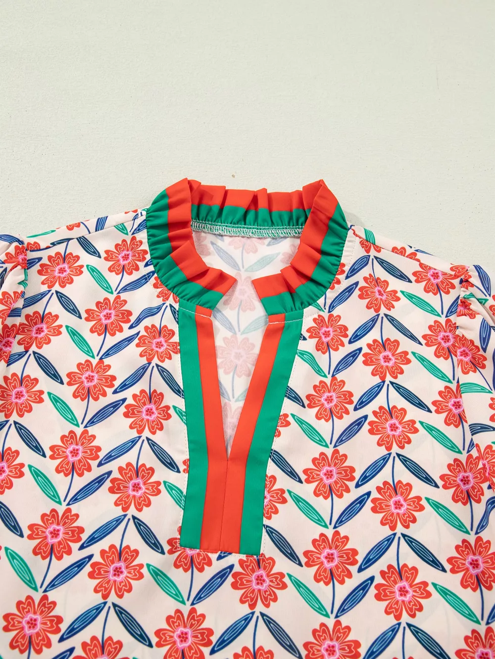 Floral Print Striped Detail V Neck Ruffled Short Sleeve Blouse, image 7