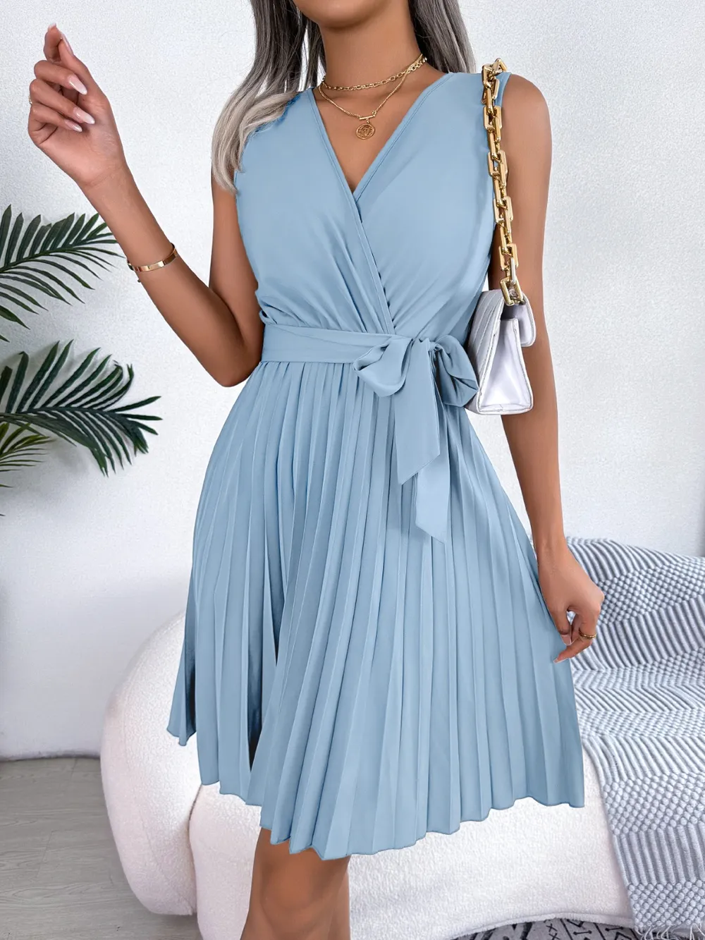 Tied Surplice Sleeveless Pleated Dress, image 10