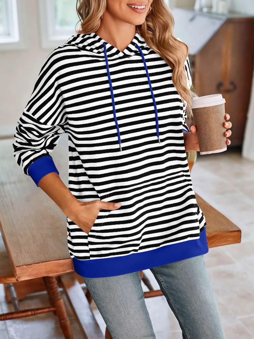 Drawstring Striped Long Sleeve Hoodie, image 14