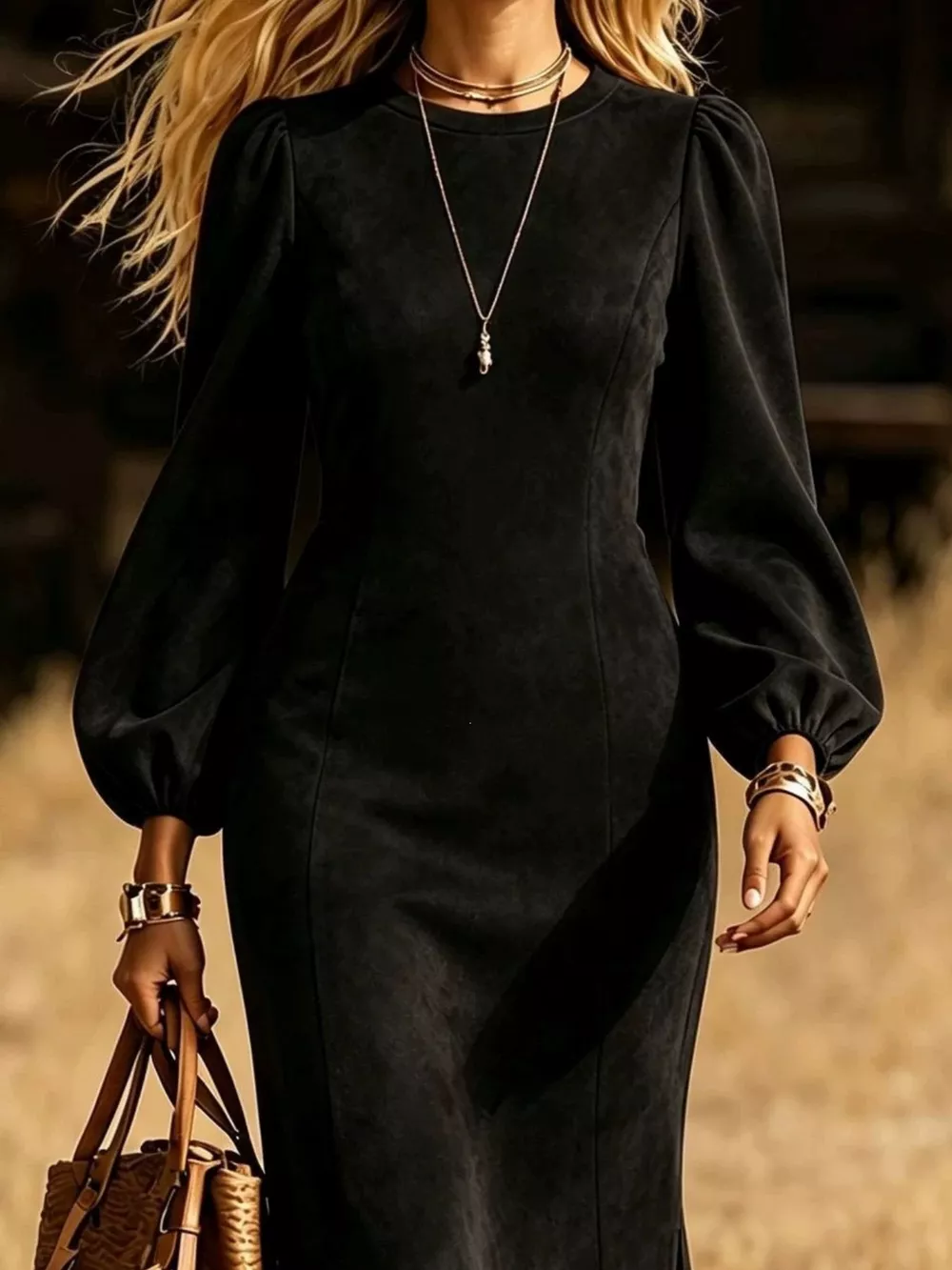 Fringe Round Neck Balloon Sleeve Dress, image 4