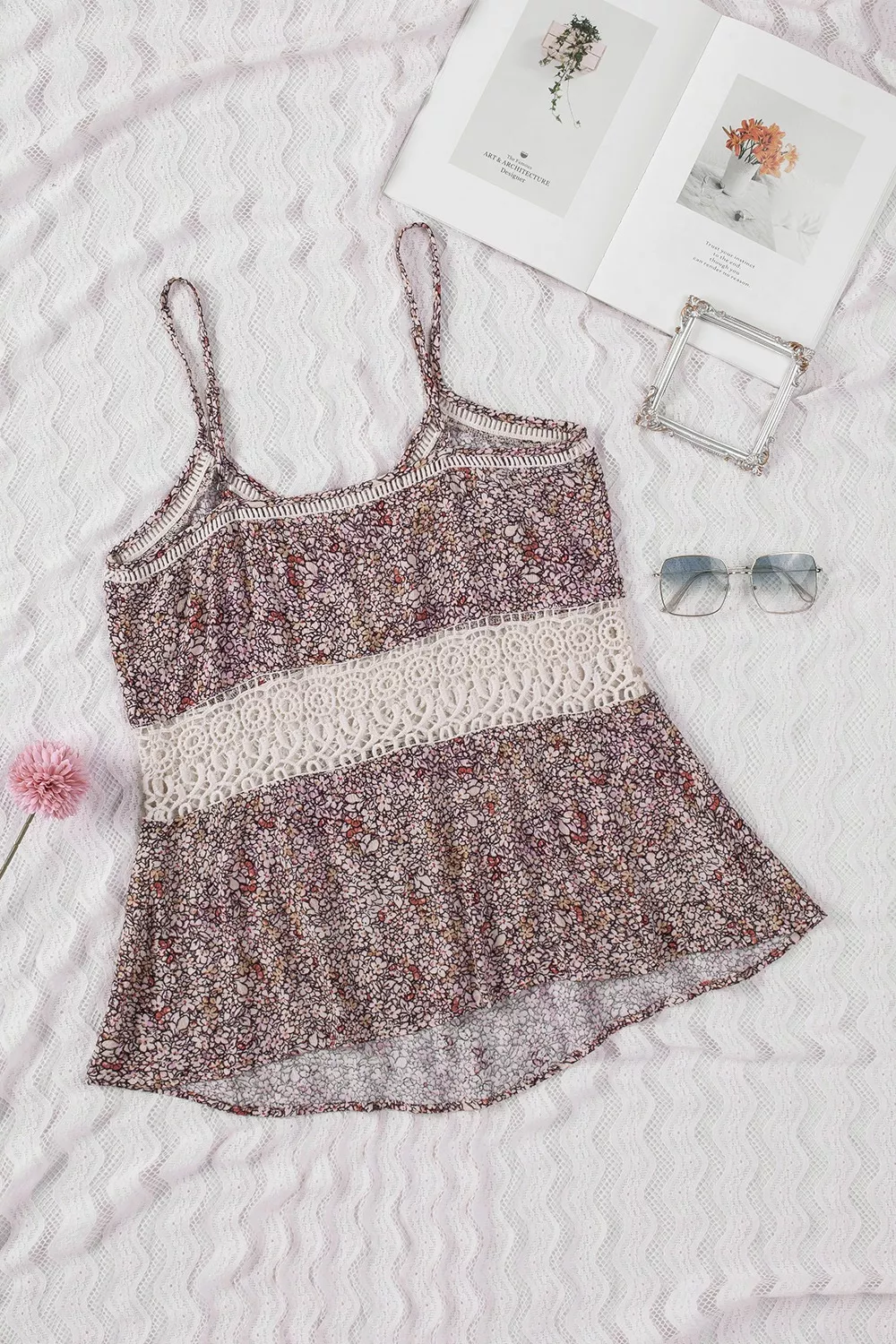 Floral Print Crochet Trim Cami with Spaghetti Straps, image 12