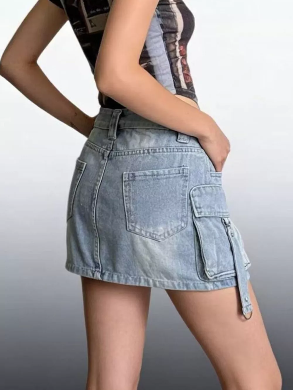 Washed Cargo Denim Skirt, image 5