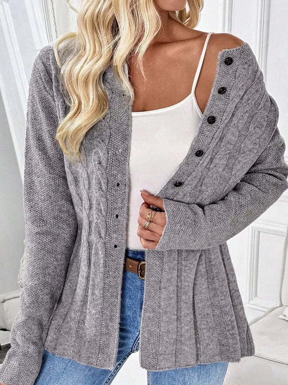 Cable-Knit Button-Down Cardigan, image 3