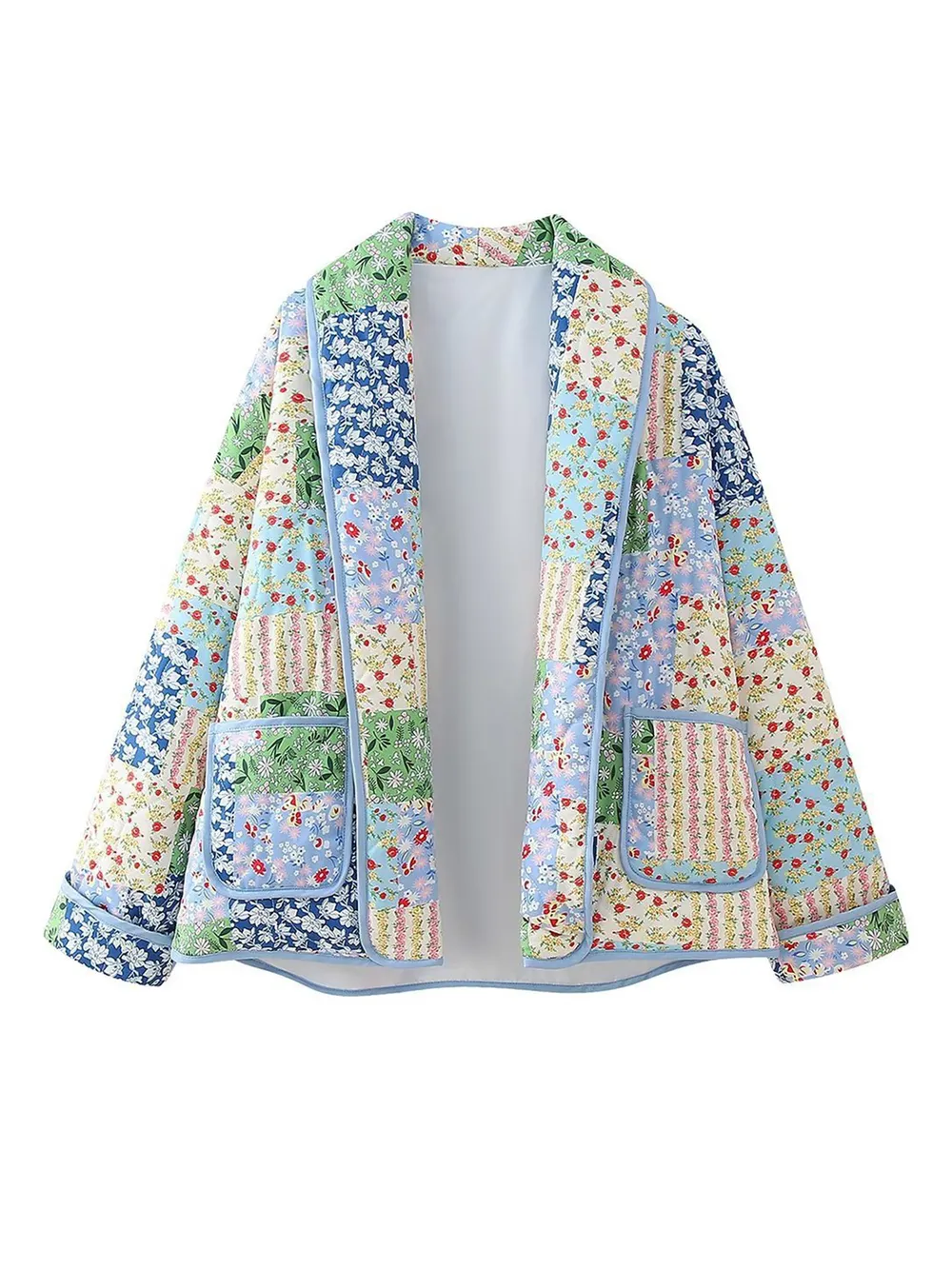 Printed Patchwork Open Front Cardigan with Pockets, image 3