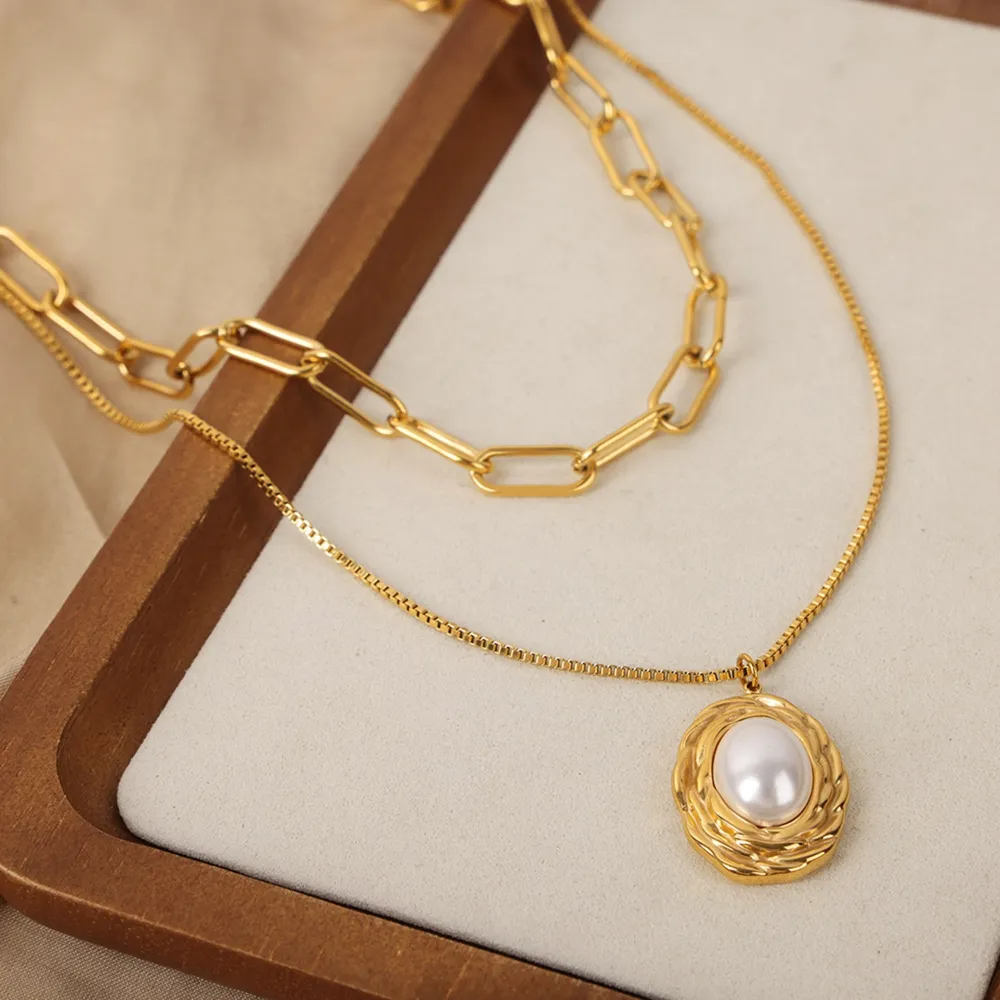 Inlaid Pearl Double-Layered Titanium Steel Necklace, image 5