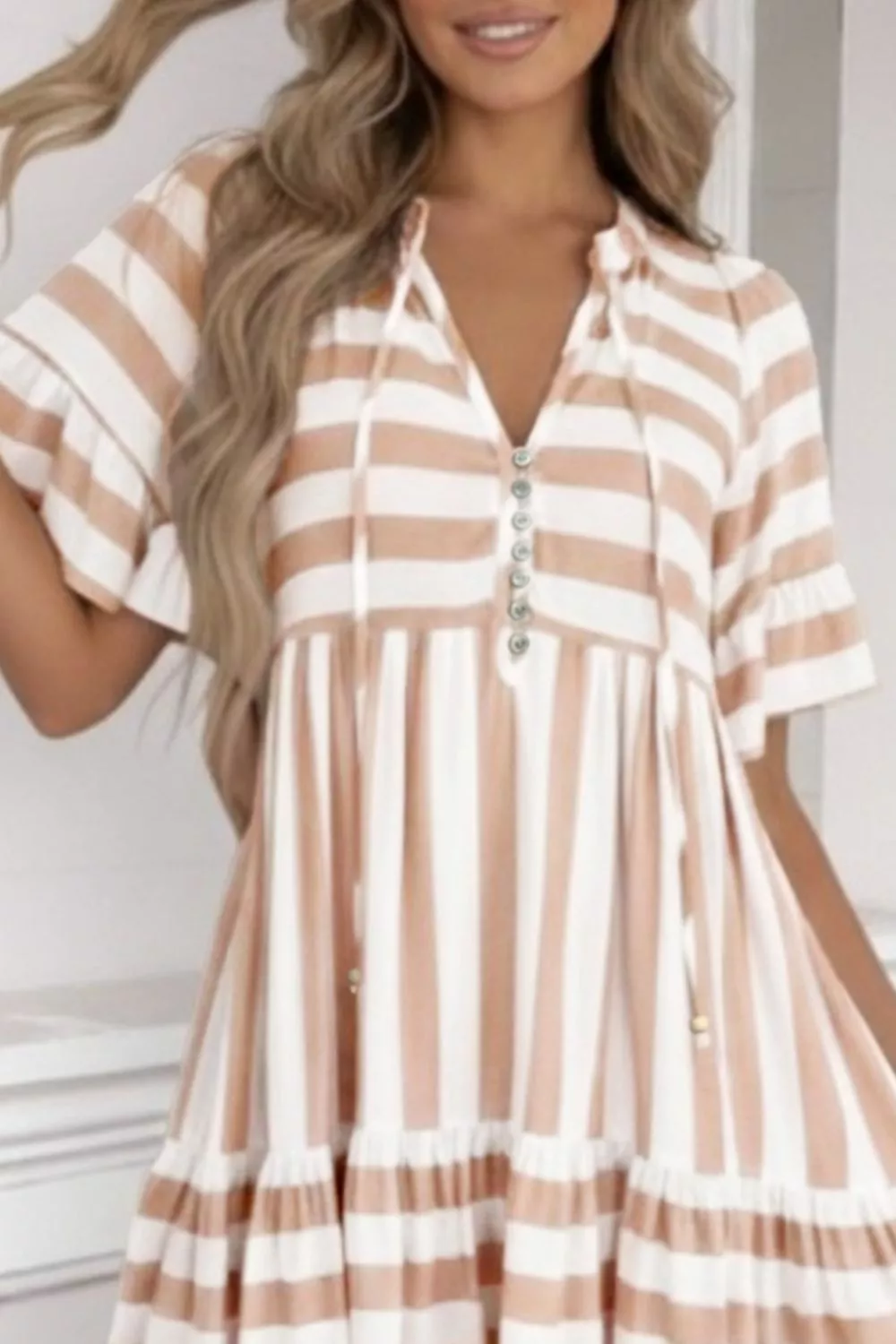 Stripe Tie V Neck Ruffle Trim Short Sleeve Flared Summer Dress, image 3