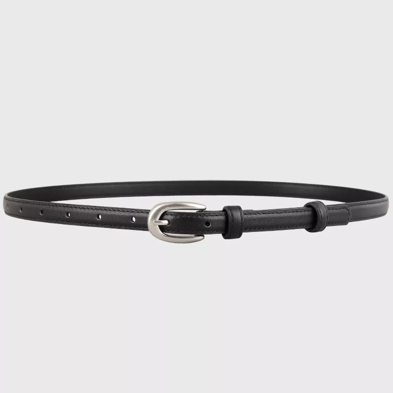 Leather Skinny Belt with Silver Buckle, image 3