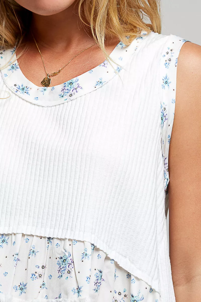 Floral Print Patche Round Neck Ribbed Tank with Double Gauze Ruffle Accents, image 7