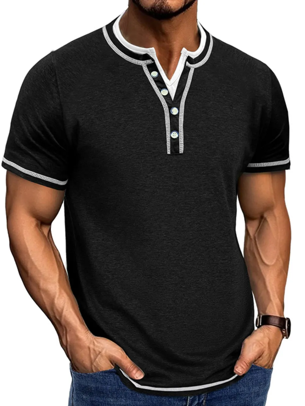 Men's Casual Henley Polo Shirt with Contrast Trim, image 9