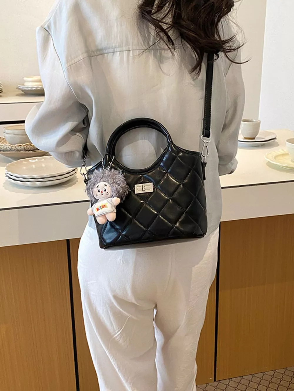 Quilted Crossbody Bag with Plush Charm, image 6