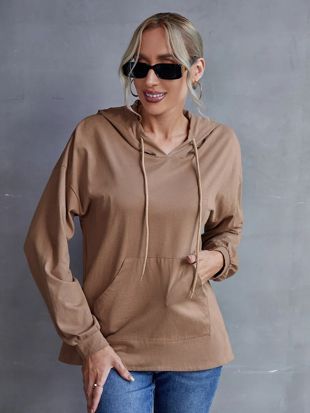 Drawstring Pocketed Dropped Shoulder Hoodie, image 7