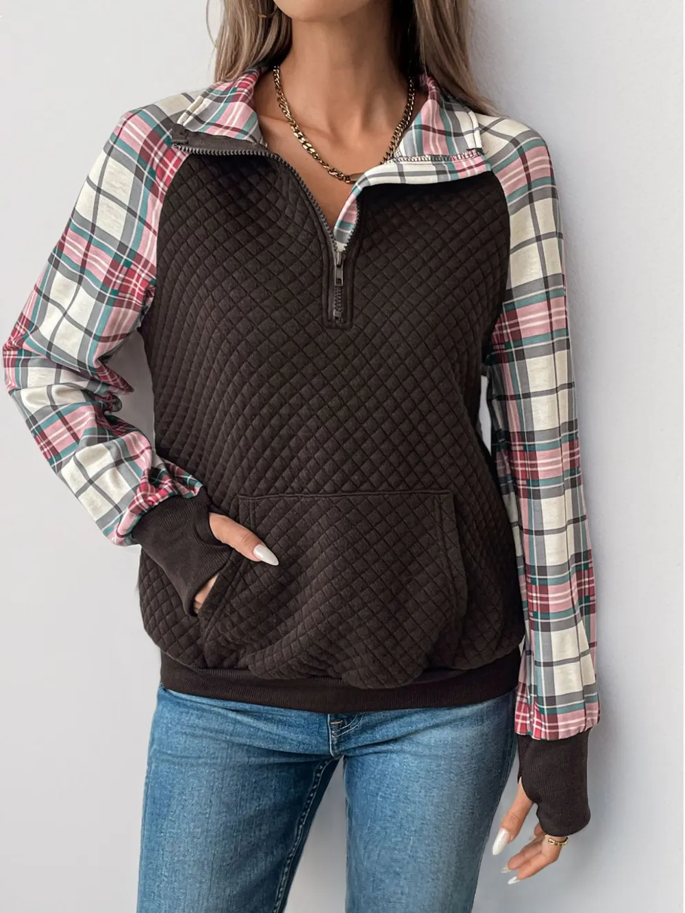 Plaid Half Zip Long Sleeve Sweatshirt, image 7