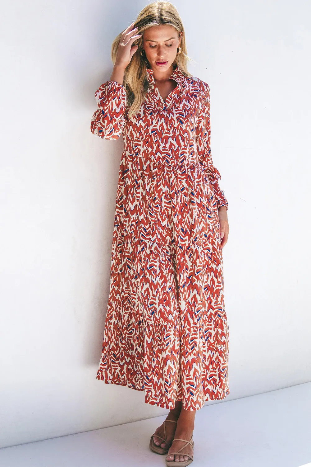 Printed Notched Long Sleeve Dress, image 7