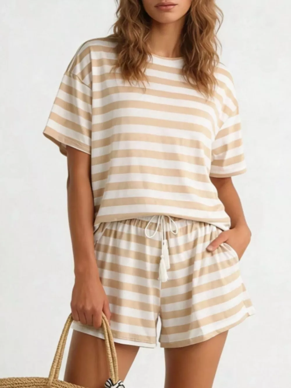 Striped Short Sleeve Tee and Drawstring Shorts Set, image 2
