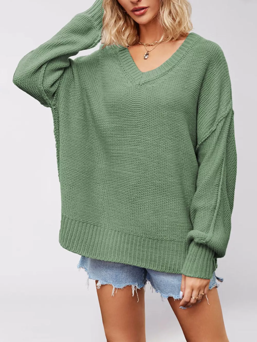 V-Neck Loose Knit Drop Shoulder Sweater, image 4