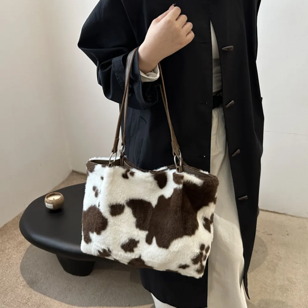 Cow Print Furry Tote Bag, image 16