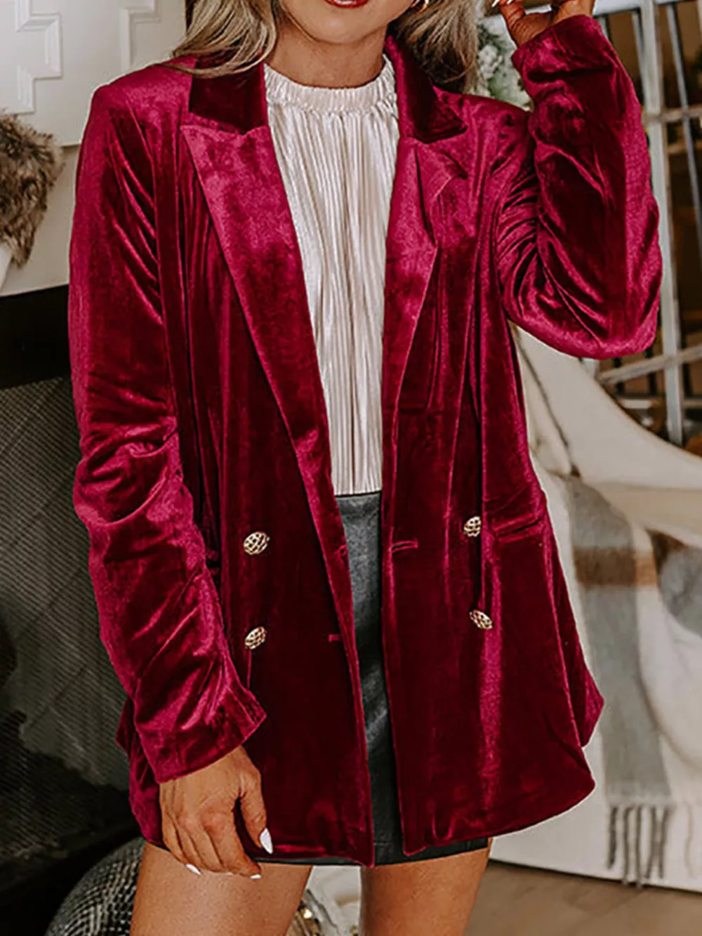 Velvet Lapel Collar Button Up Blazer, image 5