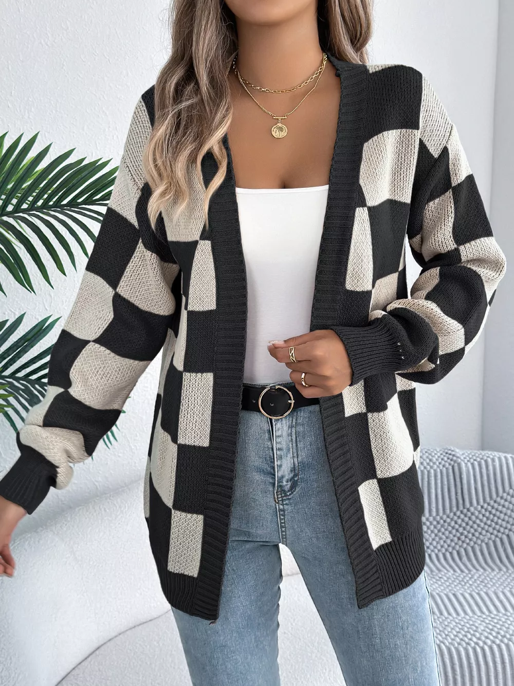 Checkered Pattern Open Front Cardigan, image 13