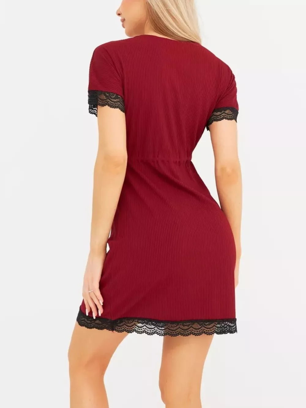 Full Size Ribbed Lace-Trim V-Neck Mini Dress Plus Size, image 7