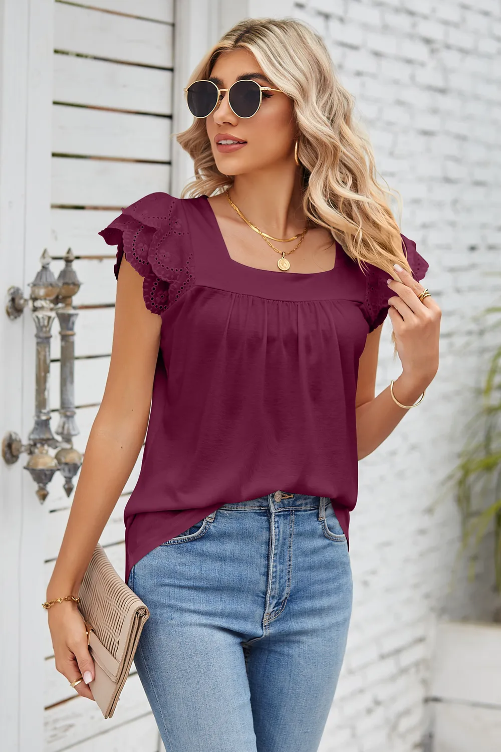 Eyelet Square Neck Cap Sleeve Blouse, image 21